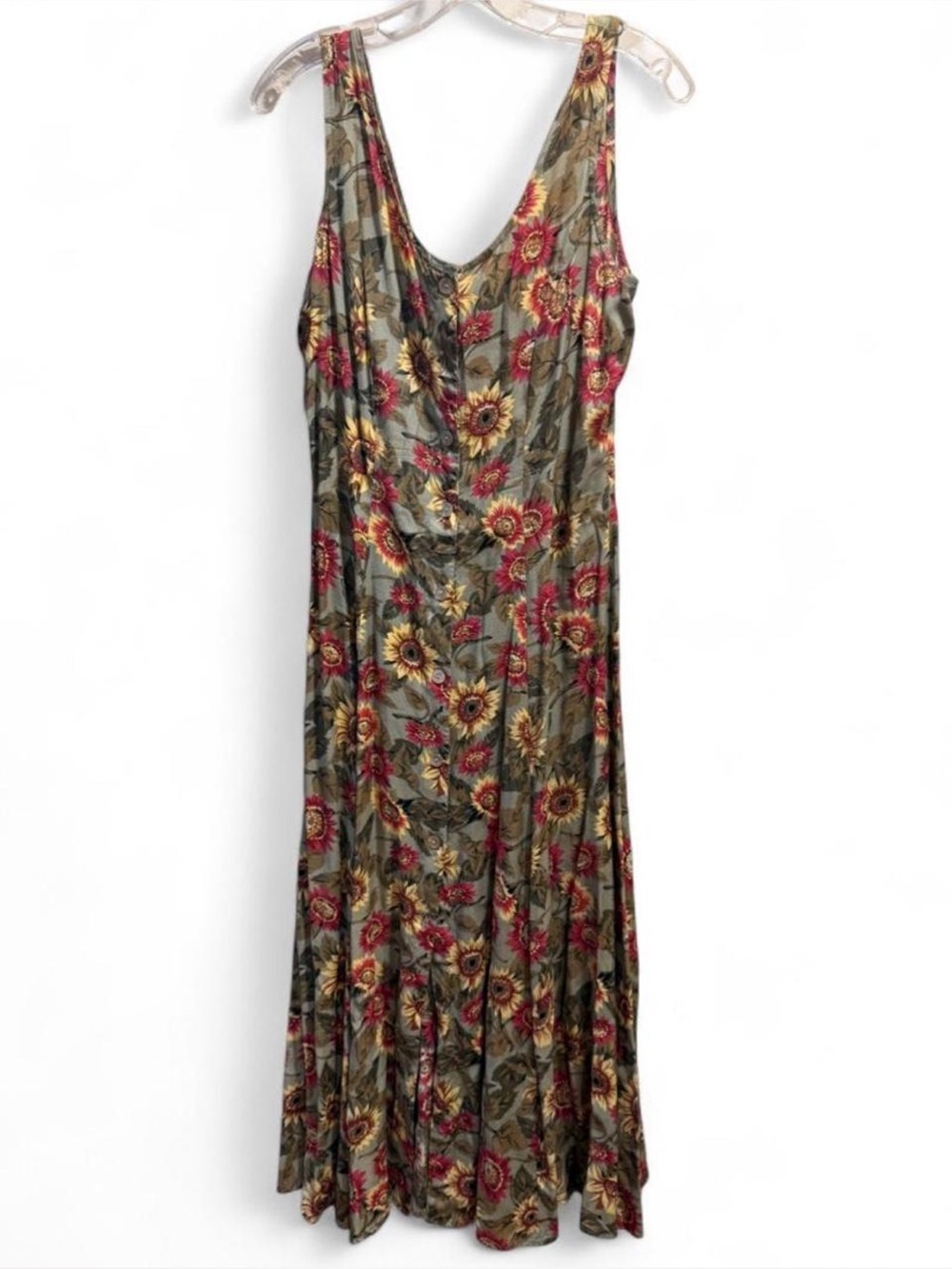 Express Sleeveless Floral Sunflower Maxi Dress in Olive with Red & Yellow Blooms